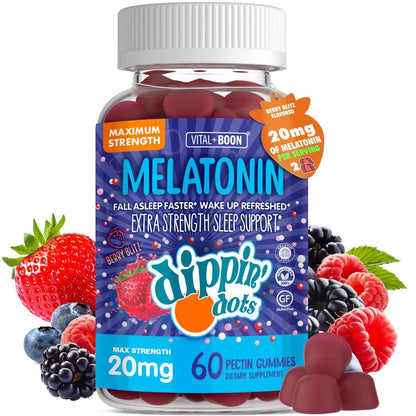 Dippin' Dots Extra Stark Melatonin 20 mg Gummis für Erwachsene – Melatonin Gummis mit 20 mg pro Portion – Veganes Nachtruhe-Supplement – Hergestellt mit natürlichen Farben & Aromen (60 Stück)