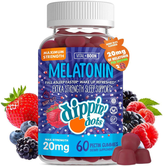 Dippin' Dots Extra Stark Melatonin 20 mg Gummis für Erwachsene – Melatonin Gummis mit 20 mg pro Portion – Veganes Nachtruhe-Supplement – Hergestellt mit natürlichen Farben & Aromen (60 Stück)