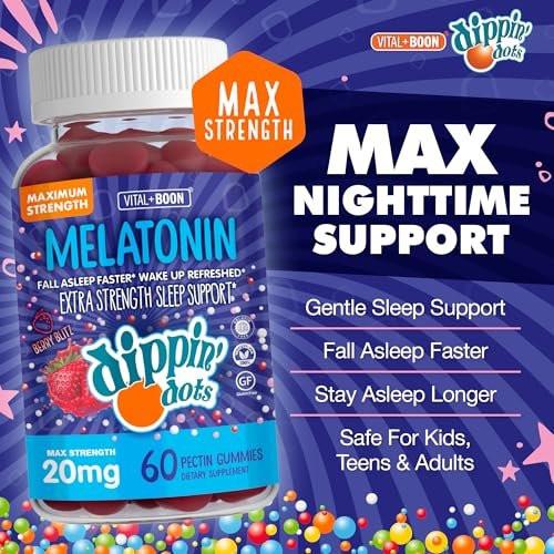 Dippin' Dots Extra Stark Melatonin 20 mg Gummis für Erwachsene – Melatonin Gummis mit 20 mg pro Portion – Veganes Nachtruhe-Supplement – Hergestellt mit natürlichen Farben & Aromen (60 Stück)