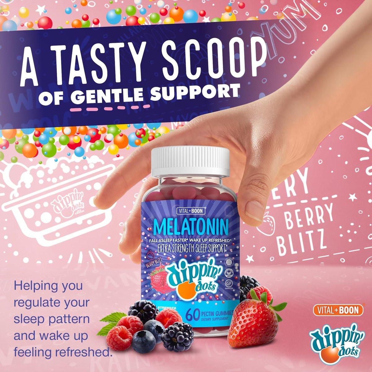 Dippin' Dots Extra Stark Melatonin 20 mg Gummis für Erwachsene – Melatonin Gummis mit 20 mg pro Portion – Veganes Nachtruhe-Supplement – Hergestellt mit natürlichen Farben & Aromen (60 Stück)