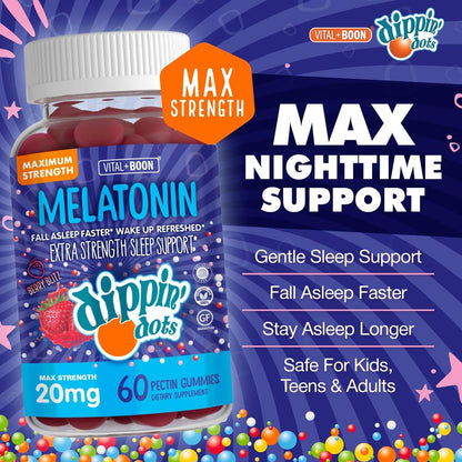 Dippin' Dots Extra Stark Melatonin 20 mg Gummis für Erwachsene – Melatonin Gummis mit 20 mg pro Portion – Veganes Nachtruhe-Supplement – Hergestellt mit natürlichen Farben & Aromen (60 Stück)
