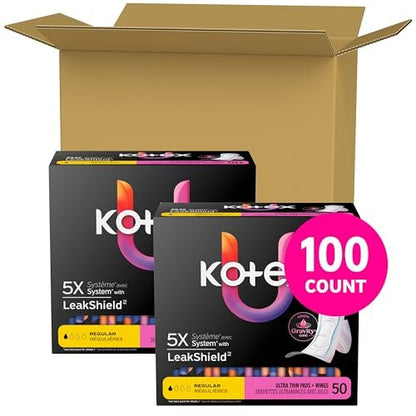 Kotex Ultra Thin Binden mit Flügeln, Saugstärke Normal, 100 Stück (2 x 50) (Verpackung kann variieren)