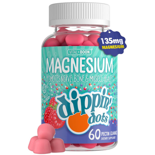 Dippin' Dots Magnesium Gummis für Frauen, Männer & Kinder – Himbeer-Geschmack – Magnesiumcitrat Gummis ohne künstliche Farb- oder Aromastoffe – Veganes Beruhigungs-, Knochen- & Muskelsupplement (60 Stück)