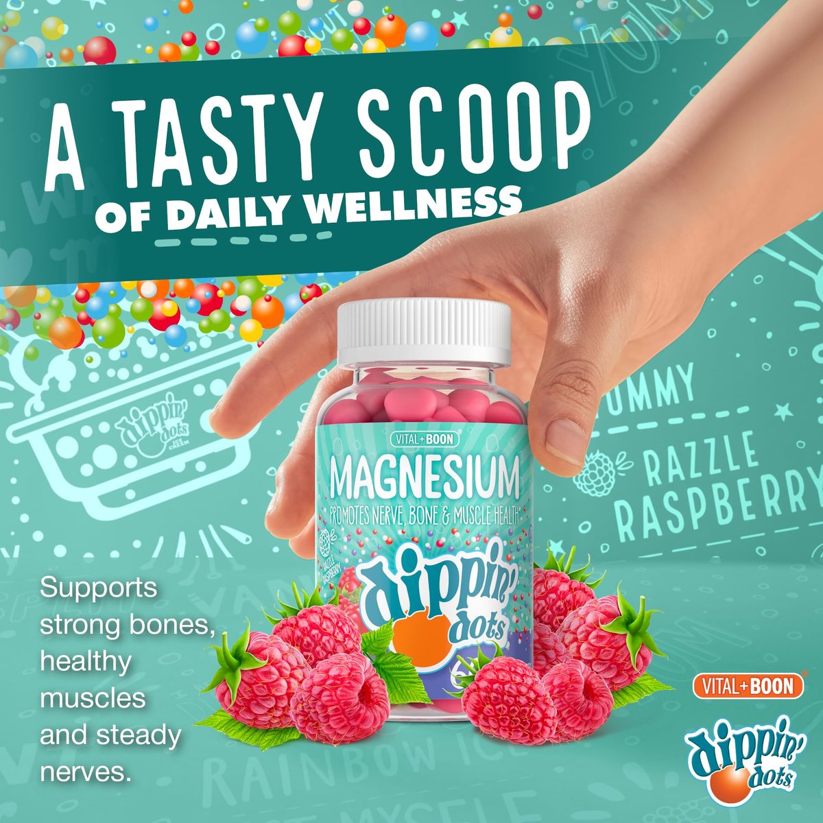 Dippin' Dots Magnesium Gummis für Frauen, Männer & Kinder – Himbeer-Geschmack – Magnesiumcitrat Gummis ohne künstliche Farb- oder Aromastoffe – Veganes Beruhigungs-, Knochen- & Muskelsupplement (60 Stück)