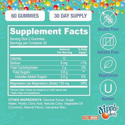 Dippin' Dots Magnesium Gummis für Frauen, Männer & Kinder – Himbeer-Geschmack – Magnesiumcitrat Gummis ohne künstliche Farb- oder Aromastoffe – Veganes Beruhigungs-, Knochen- & Muskelsupplement (60 Stück)
