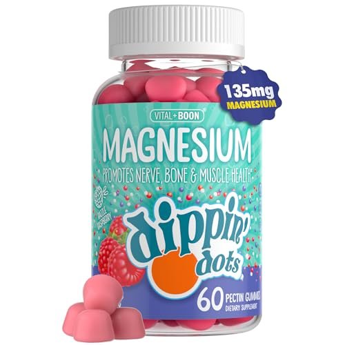 Dippin' Dots Magnesium Gummis für Frauen, Männer & Kinder – Himbeer-Geschmack – Magnesiumcitrat Gummis ohne künstliche Farb- oder Aromastoffe – Veganes Beruhigungs-, Knochen- & Muskelsupplement (60 Stück)