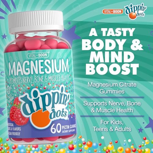 Dippin' Dots Magnesium Gummis für Frauen, Männer & Kinder – Himbeer-Geschmack – Magnesiumcitrat Gummis ohne künstliche Farb- oder Aromastoffe – Veganes Beruhigungs-, Knochen- & Muskelsupplement (60 Stück)