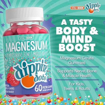 Dippin' Dots Magnesium Gummis für Frauen, Männer & Kinder – Himbeer-Geschmack – Magnesiumcitrat Gummis ohne künstliche Farb- oder Aromastoffe – Veganes Beruhigungs-, Knochen- & Muskelsupplement (60 Stück)