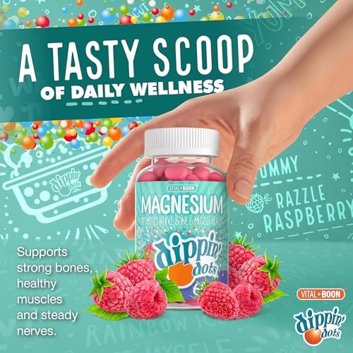 Dippin' Dots Magnesium Gummis für Frauen, Männer & Kinder – Himbeer-Geschmack – Magnesiumcitrat Gummis ohne künstliche Farb- oder Aromastoffe – Veganes Beruhigungs-, Knochen- & Muskelsupplement (60 Stück)