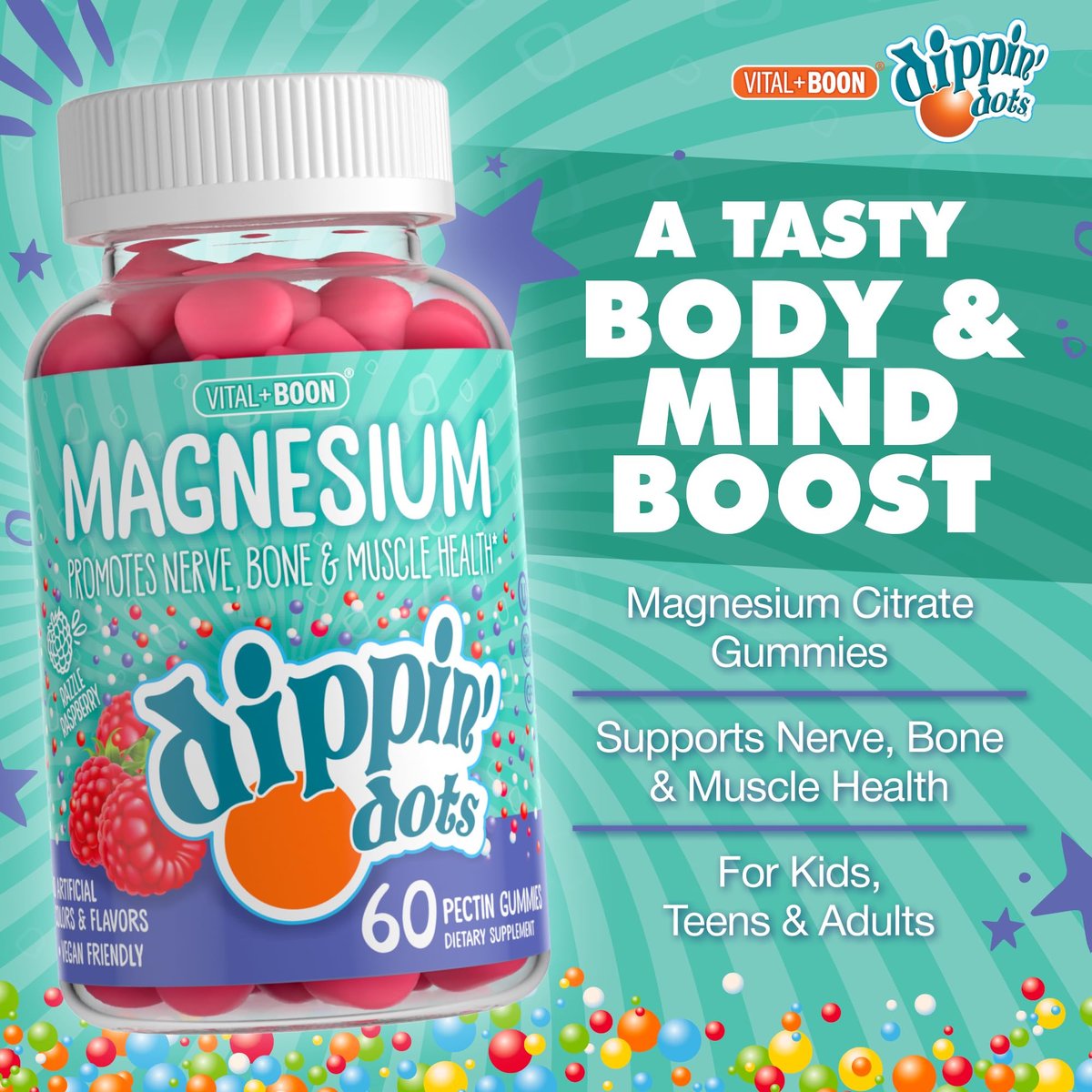 Dippin' Dots Magnesium Gummis für Frauen, Männer & Kinder – Himbeer-Geschmack – Magnesiumcitrat Gummis ohne künstliche Farb- oder Aromastoffe – Veganes Beruhigungs-, Knochen- & Muskelsupplement (60 Stück)