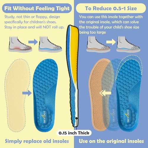 Skyfoot Kindereinlegesohlen für abgenutzte Schuhe – Bequem, atmungsaktiv, zuschneidbar – Blaue Einlegesohlen für Kinderturnschuhe (1 Paar, Größe 3–6)