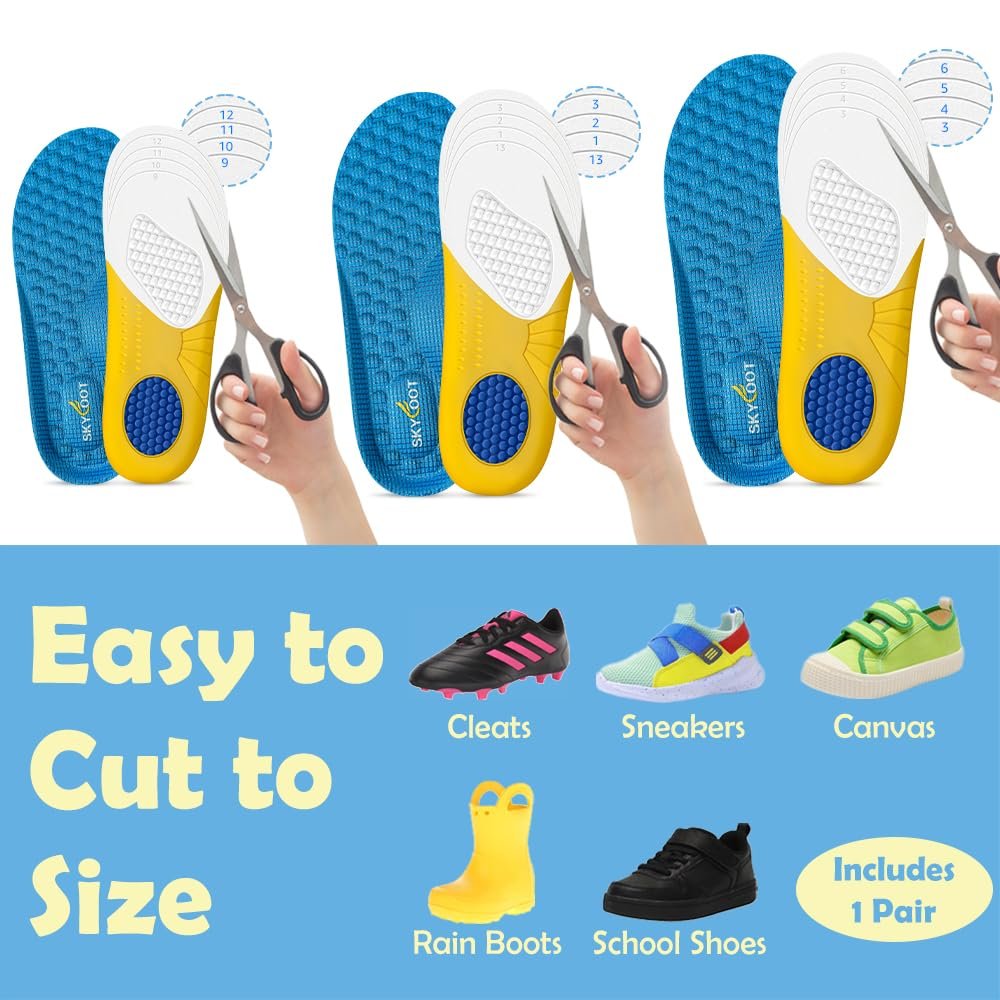 Skyfoot Kindereinlegesohlen für abgenutzte Schuhe – Bequem, atmungsaktiv, zuschneidbar – Blaue Einlegesohlen für Kinderturnschuhe (1 Paar, Größe 3–6)