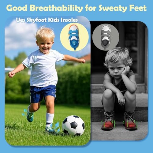 Skyfoot Kindereinlegesohlen für abgenutzte Schuhe – Bequem, atmungsaktiv, zuschneidbar – Blaue Einlegesohlen für Kinderturnschuhe (1 Paar, Größe 3–6)