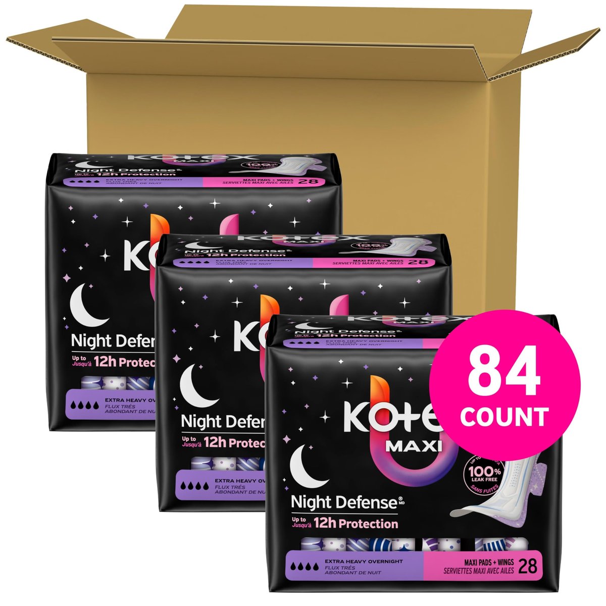 Kotex Overnight Maxi Binden mit Flügeln, extra starke Saugfähigkeit, 84 Stück (3 Packungen à 28)