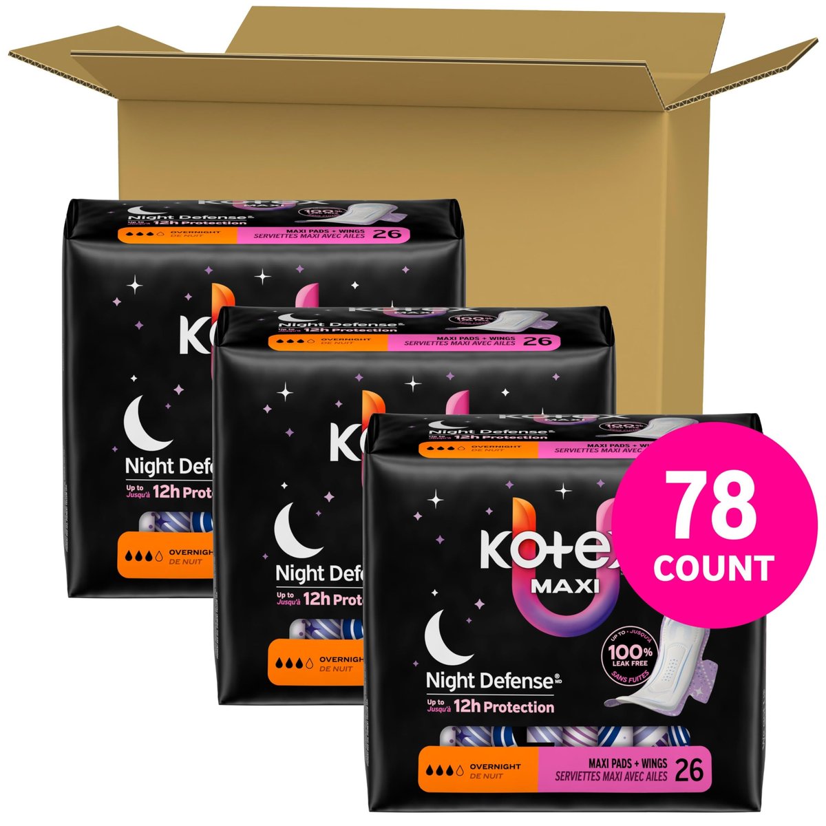 Kotex Overnight Maxi Binden mit Flügeln, 78 Stück (3 Packungen à 26) – Verpackung kann variieren