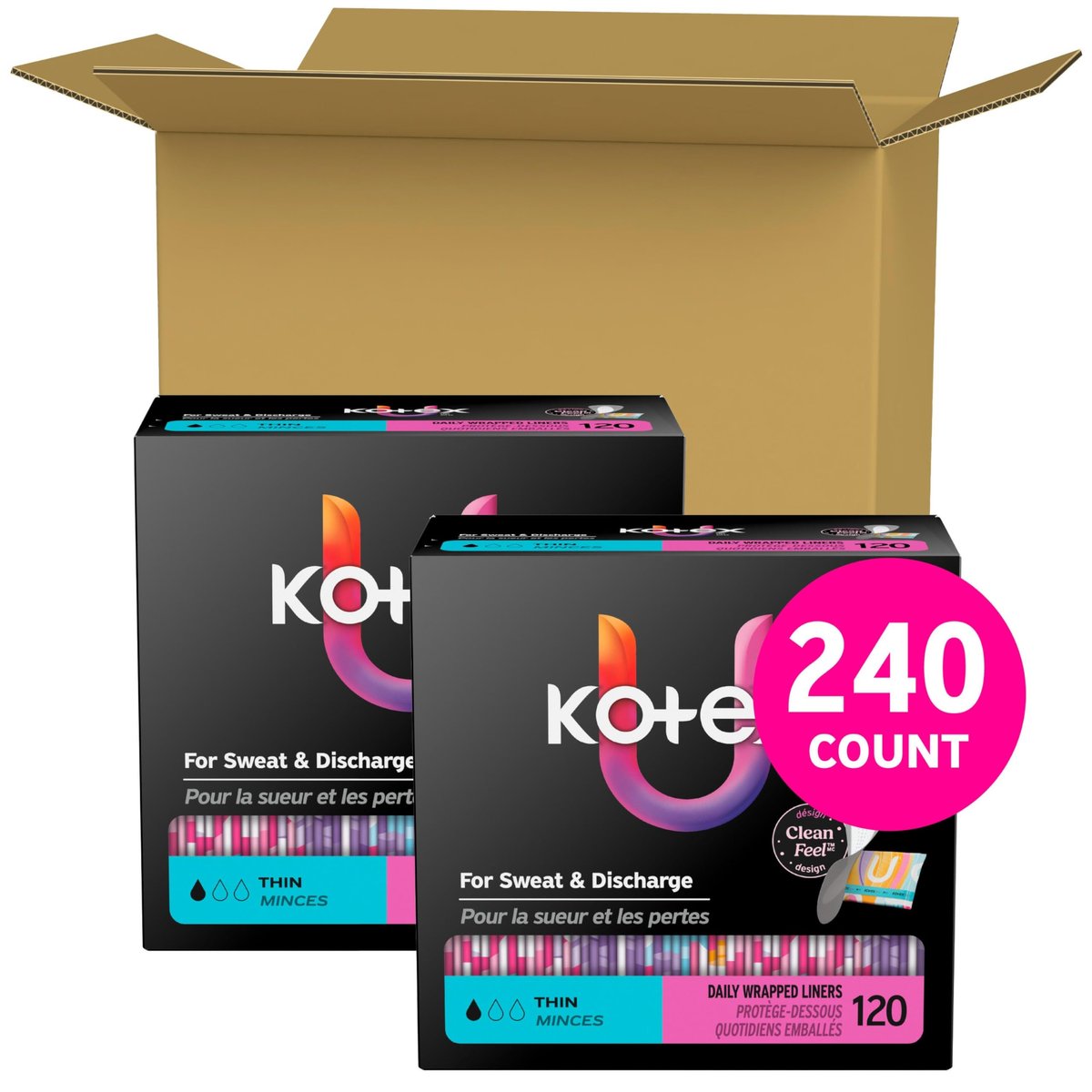 Kotex Daily Wrapped Slipeinlagen, leichte Saugfähigkeit, dünn, 240 Stück (2 x 120) (Verpackung kann variieren)