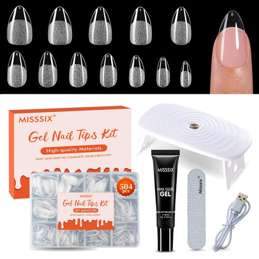 Misssix Short Almond Gel x Nail Tips Kit, 504 Stück vorgeschliffene klare falsche Nägel, Full Cover, 9-in-1 Gelkleber und tragbare Mini-UV-Nagellampe für Frauen, 12 Größen