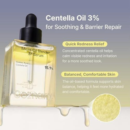 OOZNARY Azelaic Micro Oil Blender 37 Serum – Hochwirksames Azelainsäure 12% & Kojisäure Serum für fettige und zu Akne neigende Haut, leichte & feuchtigkeitsspendende Pflege, koreanische Hautpflege – 30 ml
