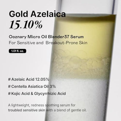 OOZNARY Azelaic Micro Oil Blender 37 Serum – Hochwirksames Azelainsäure 12% & Kojisäure Serum für fettige und zu Akne neigende Haut, leichte & feuchtigkeitsspendende Pflege, koreanische Hautpflege – 30 ml