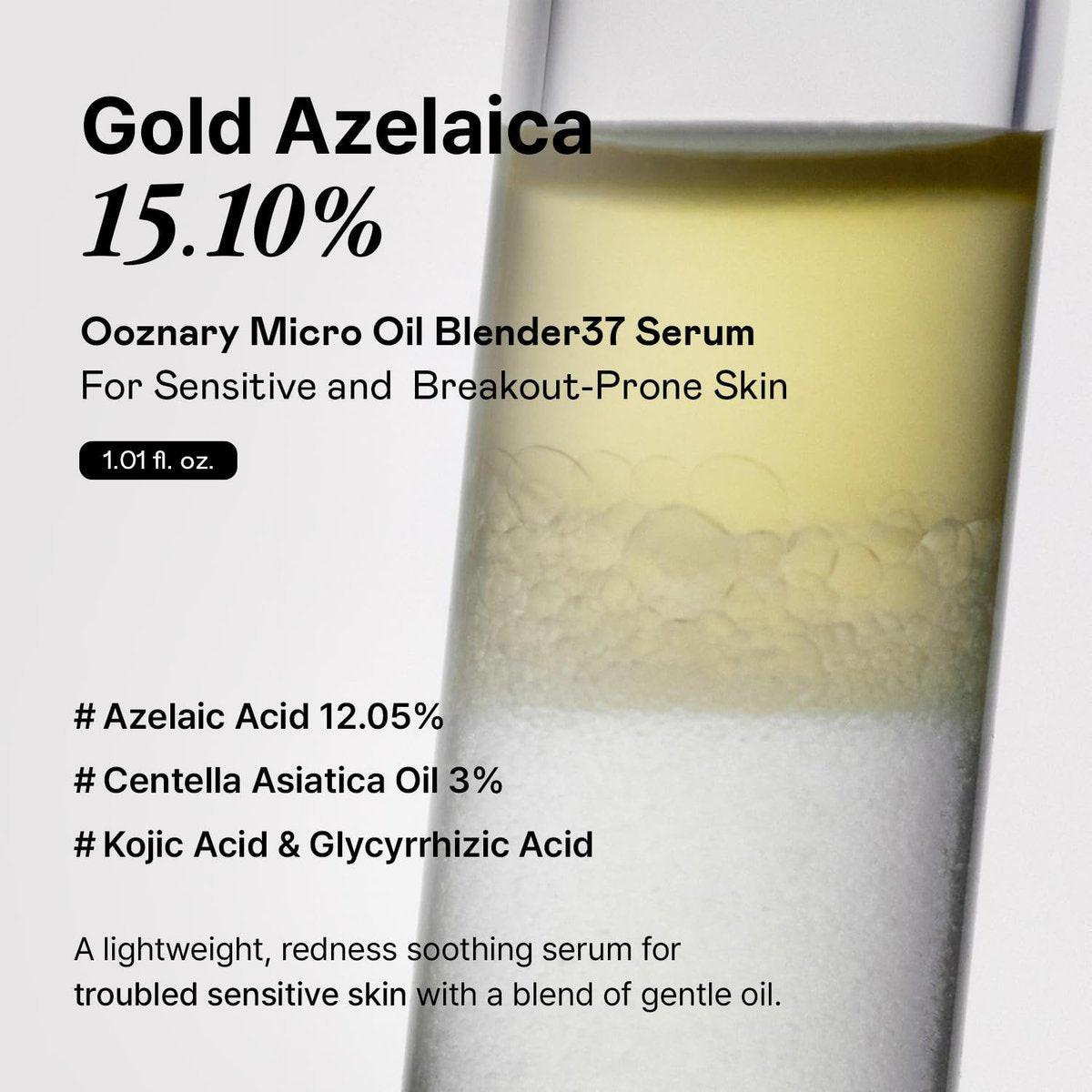 OOZNARY Azelaic Micro Oil Blender 37 Serum – Hochwirksames Azelainsäure 12% & Kojisäure Serum für fettige und zu Akne neigende Haut, leichte & feuchtigkeitsspendende Pflege, koreanische Hautpflege – 30 ml