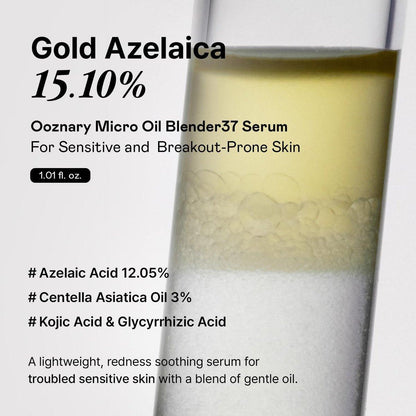 OOZNARY Azelaic Micro Oil Blender 37 Serum – Hochwirksames Azelainsäure 12% & Kojisäure Serum für fettige und zu Akne neigende Haut, leichte & feuchtigkeitsspendende Pflege, koreanische Hautpflege – 30 ml