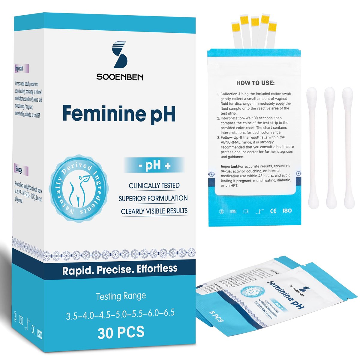 Sooenben Vaginaler pH-Test für zu Hause: 30 Teststreifen + 30 einzeln verpackte Wattestäbchen – Schnelle & genaue Überwachung der vaginalen Gesundheit, BV & Hefepilzinfektion – Professionelle Qualität