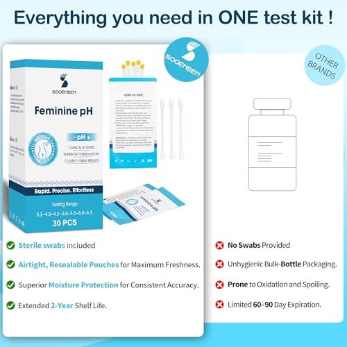 Sooenben Vaginaler pH-Test für zu Hause: 30 Teststreifen + 30 einzeln verpackte Wattestäbchen – Schnelle & genaue Überwachung der vaginalen Gesundheit, BV & Hefepilzinfektion – Professionelle Qualität