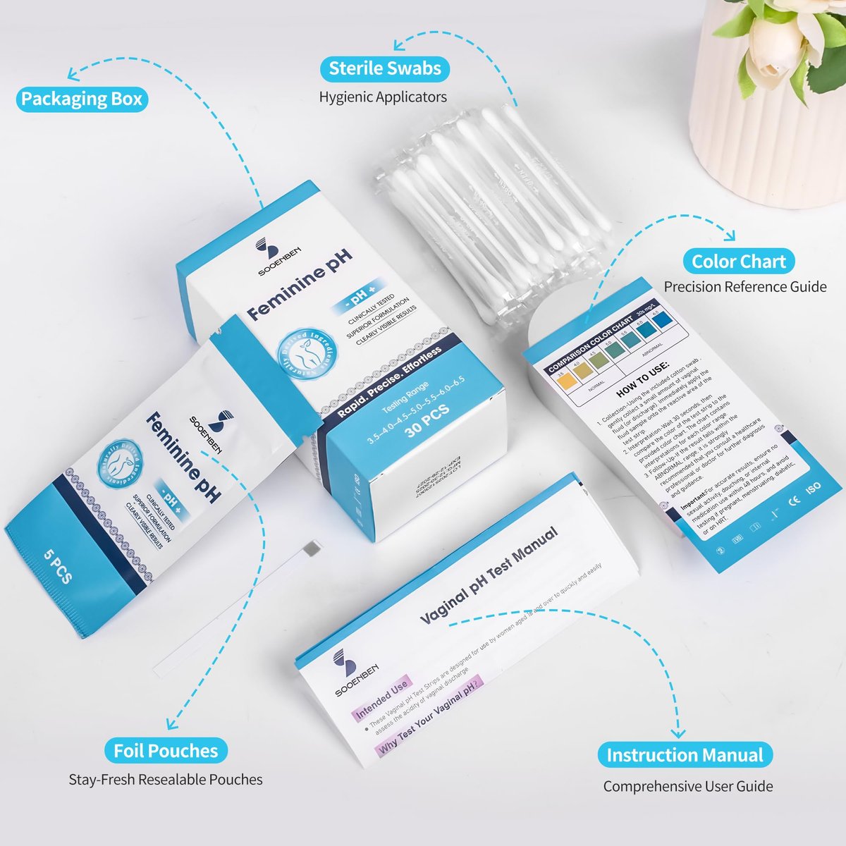 Sooenben Vaginaler pH-Test für zu Hause: 30 Teststreifen + 30 einzeln verpackte Wattestäbchen – Schnelle & genaue Überwachung der vaginalen Gesundheit, BV & Hefepilzinfektion – Professionelle Qualität