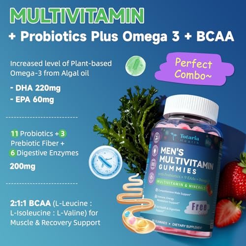 Totaria Zuckerfreies Multivitamin für Männer mit Omega 3, Probiotika, Männer Multivitamin Gummis mit methyliertem B-Komplex, EAAs, Lycopin, Zink, für tägliche Energie, Immunsystem, Herz, eisenfrei, 60 Stück