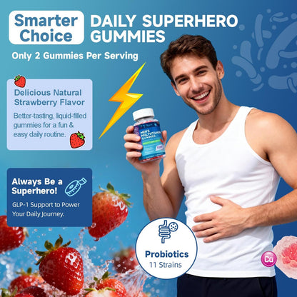 Totaria Zuckerfreies Multivitamin für Männer mit Omega 3, Probiotika, Männer Multivitamin Gummis mit methyliertem B-Komplex, EAAs, Lycopin, Zink, für tägliche Energie, Immunsystem, Herz, eisenfrei, 60 Stück