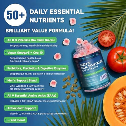 Totaria Zuckerfreies Multivitamin für Männer mit Omega 3, Probiotika, Männer Multivitamin Gummis mit methyliertem B-Komplex, EAAs, Lycopin, Zink, für tägliche Energie, Immunsystem, Herz, eisenfrei, 60 Stück