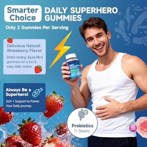 Totaria Zuckerfreies Multivitamin für Männer mit Omega 3, Probiotika, Männer Multivitamin Gummis mit methyliertem B-Komplex, EAAs, Lycopin, Zink, für tägliche Energie, Immunsystem, Herz, eisenfrei, 60 Stück
