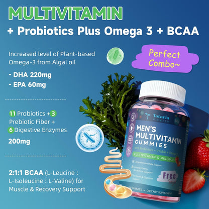 Totaria Zuckerfreies Multivitamin für Männer mit Omega 3, Probiotika, Männer Multivitamin Gummis mit methyliertem B-Komplex, EAAs, Lycopin, Zink, für tägliche Energie, Immunsystem, Herz, eisenfrei, 60 Stück