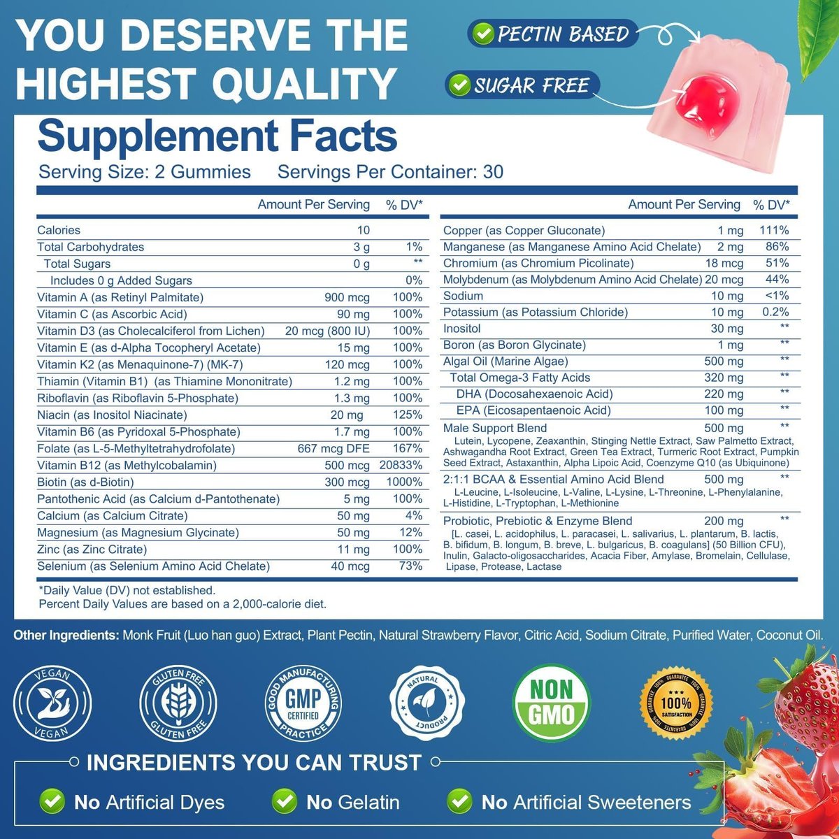 Totaria Zuckerfreies Multivitamin für Männer mit Omega 3, Probiotika, Männer Multivitamin Gummis mit methyliertem B-Komplex, EAAs, Lycopin, Zink, für tägliche Energie, Immunsystem, Herz, eisenfrei, 60 Stück