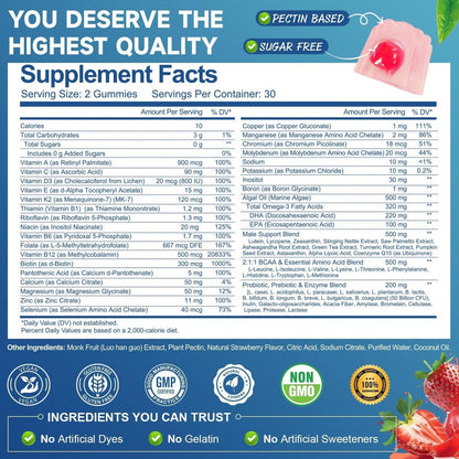 Totaria Zuckerfreies Multivitamin für Männer mit Omega 3, Probiotika, Männer Multivitamin Gummis mit methyliertem B-Komplex, EAAs, Lycopin, Zink, für tägliche Energie, Immunsystem, Herz, eisenfrei, 60 Stück