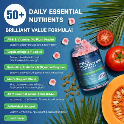 Totaria Zuckerfreies Multivitamin für Männer mit Omega 3, Probiotika, Männer Multivitamin Gummis mit methyliertem B-Komplex, EAAs, Lycopin, Zink, für tägliche Energie, Immunsystem, Herz, eisenfrei, 60 Stück