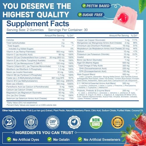 Totaria Zuckerfreies Multivitamin für Männer mit Omega 3, Probiotika, Männer Multivitamin Gummis mit methyliertem B-Komplex, EAAs, Lycopin, Zink, für tägliche Energie, Immunsystem, Herz, eisenfrei, 60 Stück