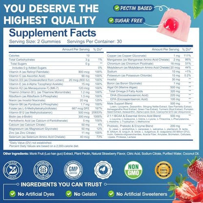 Totaria Zuckerfreies Multivitamin für Männer mit Omega 3, Probiotika, Männer Multivitamin Gummis mit methyliertem B-Komplex, EAAs, Lycopin, Zink, für tägliche Energie, Immunsystem, Herz, eisenfrei, 60 Stück