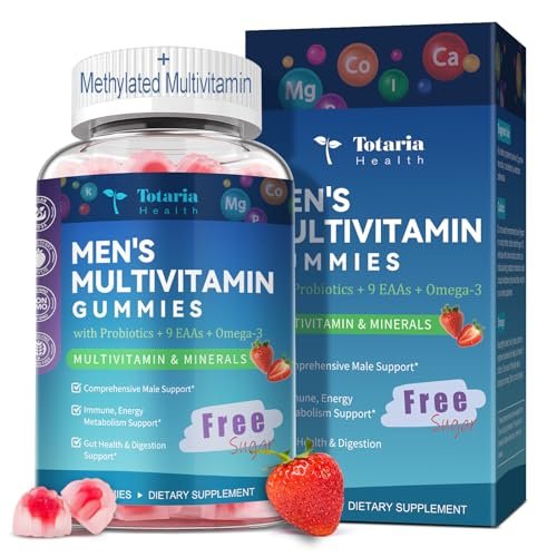 Totaria Zuckerfreies Multivitamin für Männer mit Omega 3, Probiotika, Männer Multivitamin Gummis mit methyliertem B-Komplex, EAAs, Lycopin, Zink, für tägliche Energie, Immunsystem, Herz, eisenfrei, 60 Stück