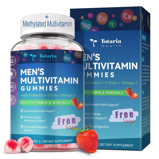 Totaria Zuckerfreies Multivitamin für Männer mit Omega 3, Probiotika, Männer Multivitamin Gummis mit methyliertem B-Komplex, EAAs, Lycopin, Zink, für tägliche Energie, Immunsystem, Herz, eisenfrei, 60 Stück