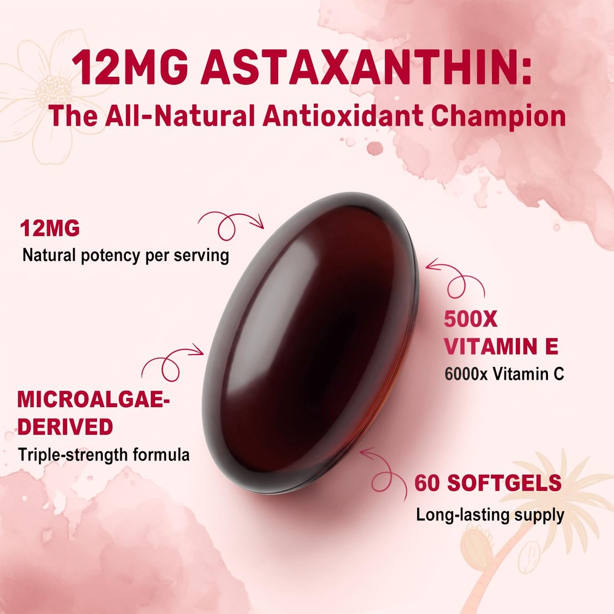 BEWORD Astaxanthin 12mg mit MCT-Öl, 60/120 Weichkapseln, 2-Monats-Vorrat | Premium Antioxidans Nahrungsergänzungsmittel | Aus natürlichen Mikroalgen, dreifache Stärke | Unterstützt Haut- und Augengesundheit | Non-GMO, gluten- und sojafrei
