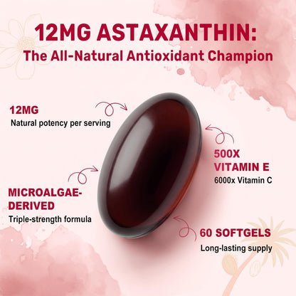 BEWORD Astaxanthin 12mg mit MCT-Öl, 60/120 Weichkapseln, 2-Monats-Vorrat | Premium Antioxidans Nahrungsergänzungsmittel | Aus natürlichen Mikroalgen, dreifache Stärke | Unterstützt Haut- und Augengesundheit | Non-GMO, gluten- und sojafrei