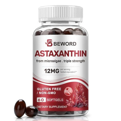 BEWORD Astaxanthin 12mg mit MCT-Öl, 60/120 Weichkapseln, 2-Monats-Vorrat | Premium Antioxidans Nahrungsergänzungsmittel | Aus natürlichen Mikroalgen, dreifache Stärke | Unterstützt Haut- und Augengesundheit | Non-GMO, gluten- und sojafrei