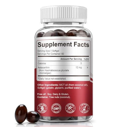 BEWORD Astaxanthin 12mg mit MCT-Öl, 60/120 Weichkapseln, 2-Monats-Vorrat | Premium Antioxidans Nahrungsergänzungsmittel | Aus natürlichen Mikroalgen, dreifache Stärke | Unterstützt Haut- und Augengesundheit | Non-GMO, gluten- und sojafrei