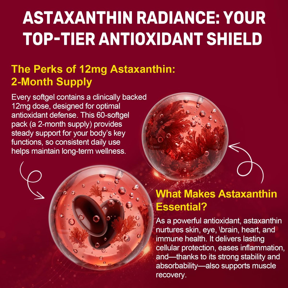 BEWORD Astaxanthin 12mg mit MCT-Öl, 60/120 Weichkapseln, 2-Monats-Vorrat | Premium Antioxidans Nahrungsergänzungsmittel | Aus natürlichen Mikroalgen, dreifache Stärke | Unterstützt Haut- und Augengesundheit | Non-GMO, gluten- und sojafrei