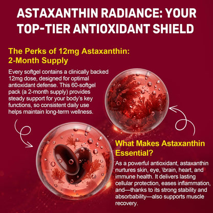 BEWORD Astaxanthin 12mg mit MCT-Öl, 60/120 Weichkapseln, 2-Monats-Vorrat | Premium Antioxidans Nahrungsergänzungsmittel | Aus natürlichen Mikroalgen, dreifache Stärke | Unterstützt Haut- und Augengesundheit | Non-GMO, gluten- und sojafrei