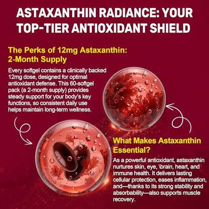 BEWORD Astaxanthin 12mg mit MCT-Öl, 60/120 Weichkapseln, 2-Monats-Vorrat | Premium Antioxidans Nahrungsergänzungsmittel | Aus natürlichen Mikroalgen, dreifache Stärke | Unterstützt Haut- und Augengesundheit | Non-GMO, gluten- und sojafrei