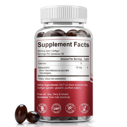 BEWORD Astaxanthin 12mg mit MCT-Öl, 60/120 Weichkapseln, 2-Monats-Vorrat | Premium Antioxidans Nahrungsergänzungsmittel | Aus natürlichen Mikroalgen, dreifache Stärke | Unterstützt Haut- und Augengesundheit | Non-GMO, gluten- und sojafrei