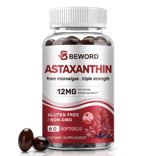 BEWORD Astaxanthin 12mg mit MCT-Öl, 60/120 Weichkapseln, 2-Monats-Vorrat | Premium Antioxidans Nahrungsergänzungsmittel | Aus natürlichen Mikroalgen, dreifache Stärke | Unterstützt Haut- und Augengesundheit | Non-GMO, gluten- und sojafrei