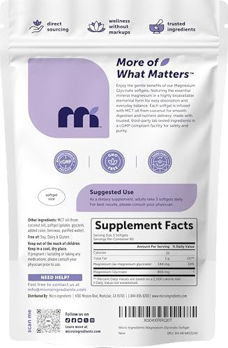 Micro Ingredients Magnesium Glycinat 800 mg pro Portion, 240 Weichkapseln | Chelat-Magnesium mit MCT-Öl | Non-GMO, Glutenfrei, Ohne Soja